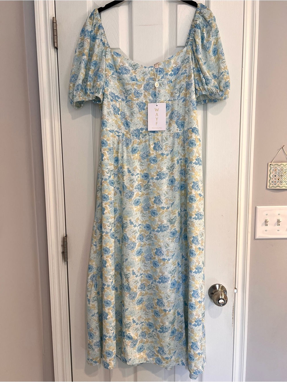 NWT Wayf Blue Cream Floral Square Neck Midi Dress Puff Sleeves Bridgerton L